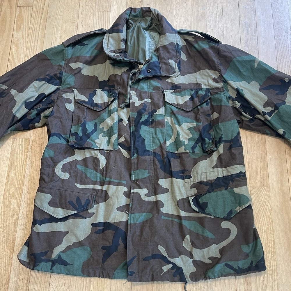 VTG US Military M65 Cold Weather Field Coat Large Long Woodland Camo Jacket